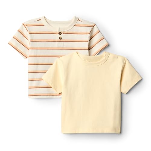 Amazon Essentials x Sofia Grainge Kurzärmelige T-Shirts für Baby Jungen, 2er-Pack, Blassgelb/Streifen, 18 Monate von Amazon Essentials
