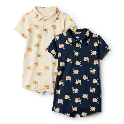 Amazon Essentials x Sofia Grainge Baby Jungen Kurzärmliger Body, 2er-Pack, Elefanten, 0-3 Monate von Amazon Essentials