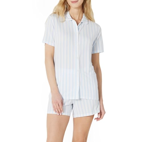 Amazon Essentials x Sofia Grainge Damen Pyjama-Set, eng anliegend, mit kurzen Ärmeln, Blassblau Kühner Streifen, M von Amazon Essentials