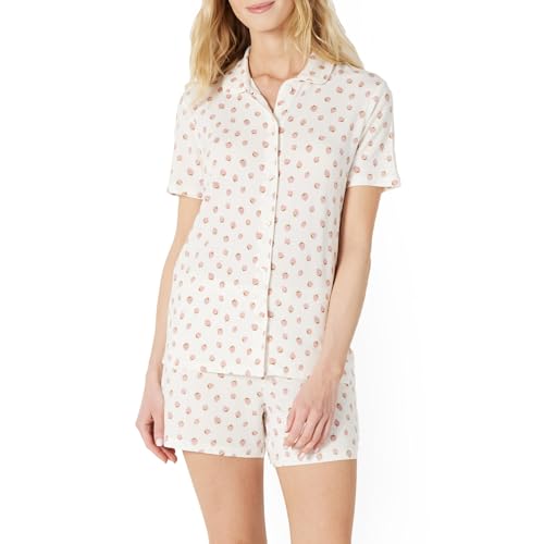 Amazon Essentials x Sofia Grainge Damen Pyjama-Set, eng anliegend, mit kurzen Ärmeln, Pfirsich Erdbeeren, S von Amazon Essentials