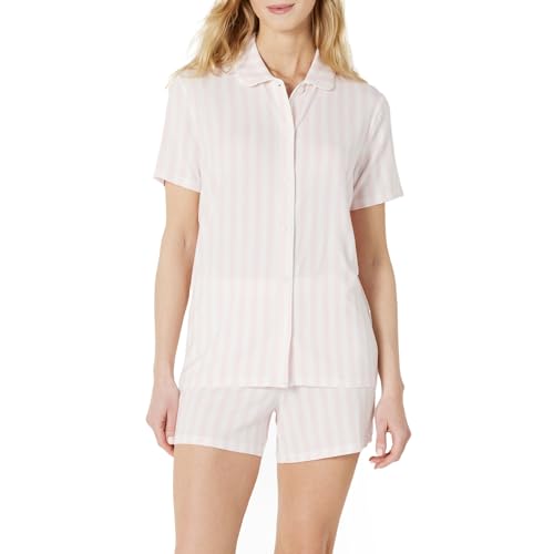 Amazon Essentials x Sofia Grainge Damen Pyjama-Set, eng anliegend, mit kurzen Ärmeln, Blassrosa Kühner Streifen, XXL von Amazon Essentials