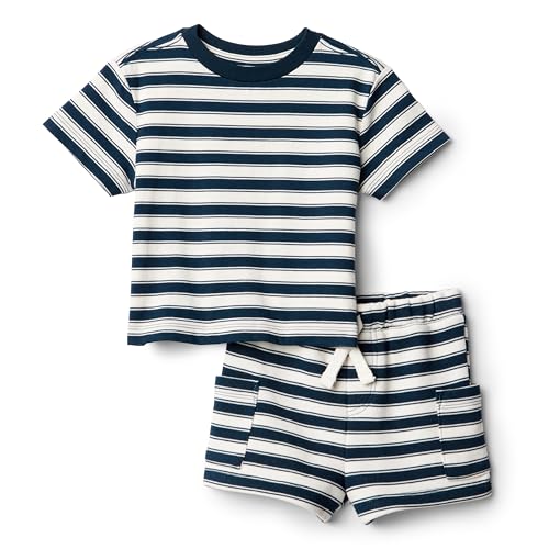 Amazon Essentials x Sofia Grainge Baby Jungen T-Shirt und Shorts im Set, Regular Fit, Elfenbein Marineblau Streifen, 6-9 Monate von Amazon Essentials