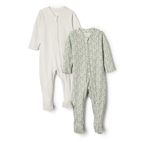 Amazon Essentials x Sofia Grainge Unisex Baby Baumwoll-Strampler mit Fuß, 2er-Pack, Blassgrün/Posey Floral, Frühchen von Amazon Essentials