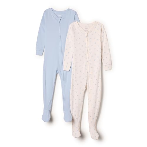 Amazon Essentials x Sofia Grainge Unisex Baby Eng anliegender Pyjama aus Baumwolle mit Fuß, 2er-Pack, Blassblau/Kleine Häschen, 0-3 Monate von Amazon Essentials