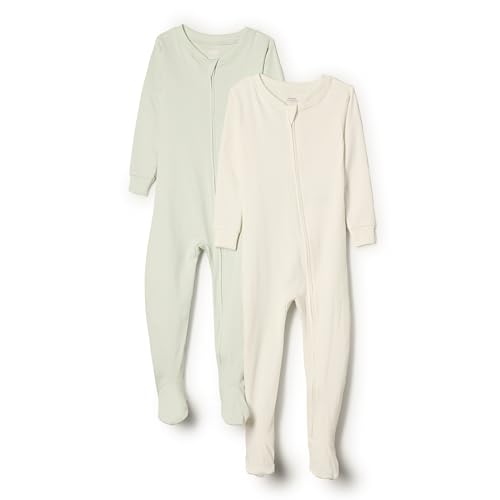 Amazon Essentials x Sofia Grainge Unisex Baby Eng anliegender Pyjama aus Baumwolle mit Fuß, 2er-Pack, Blassgrün/Elfenbein, 6-9 Monate von Amazon Essentials