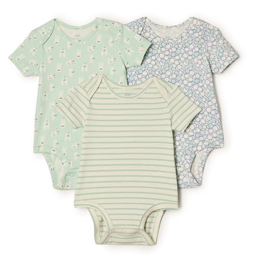 Amazon Essentials x Sofia Grainge Unisex Baby Kurzärmliger Bodysuit mit Rundhalsausschnitt, 3er-Pack, Häschen/Runde Bäume/Streifen, 12 Monate von Amazon Essentials