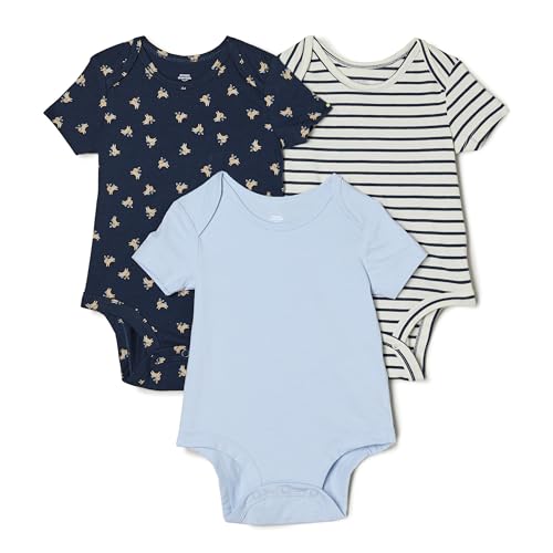 Amazon Essentials x Sofia Grainge Unisex Baby Kurzärmliger Bodysuit mit Rundhalsausschnitt, 3er-Pack, Hellblau/Häschen/Streifen, 6-9 Monate von Amazon Essentials