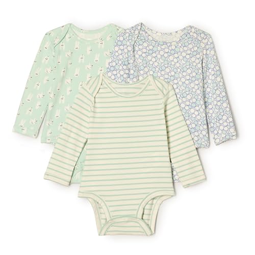 Amazon Essentials x Sofia Grainge Unisex Baby Langärmliger Body mit Rundhalsausschnitt, 3er-Pack, Häschen/Runde Bäume/Streifen, 0-3 Monate von Amazon Essentials
