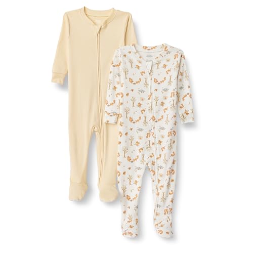 Amazon Essentials x Sofia Grainge Unisex Kinder Eng anliegender Pyjama aus Baumwolle mit Fuß, 2er-Pack, Blassgelb/Eichhörnchen-picknick, 2 Jahre von Amazon Essentials