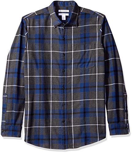 Amazon Essentials Herren Langarmhemd aus Flanell (in Übergröße erhältlich), Blau Dunkelgrau Meliert Karomuster, S von Amazon Essentials
