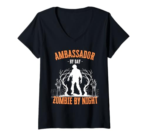 Damen Ambassador by Day Zombie by Night Lustiges Halloween-Gruseliges T-Shirt mit V-Ausschnitt Damen Ambassador by Day Zombie by Night Lustiges Halloween-Gruseliges T-Shirt mit V-Ausschnitt von Ambassador Halloween Career Costumes