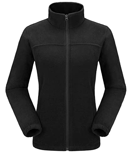Damen Fleecejacke mit Top Durchgehendem Reißverschluss, Winddicht Stehkragen Fleece Jacke Sweatjacke, Microfleece Polyester, Antistatische Elektrizität Damenjacke für Wandern und Freizeit, Schwarz, L von Ambayz