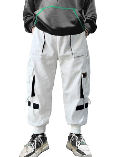 Ambcol Herren Jogger Pants Techwear Hip Hop Haremshose Streetwear Taktische Trainingshose mit Kordelzug, Weiß-Schwarz, X-Groß von Ambcol