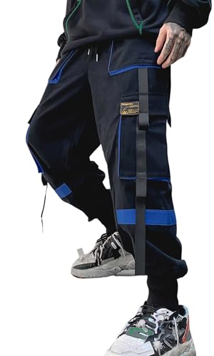 Ambcol Herren Jogger Pants Techwear Hip Hop Haremshose Streetwear Taktische Trainingshose mit Kordelzug, schwarz / blau, Mittel von Ambcol