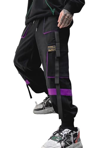 Ambcol Herren Jogger Pants Techwear Hip Hop Haremshose Streetwear Taktische Trainingshose mit Kordelzug, schwarz / violett, X-Groß von Ambcol