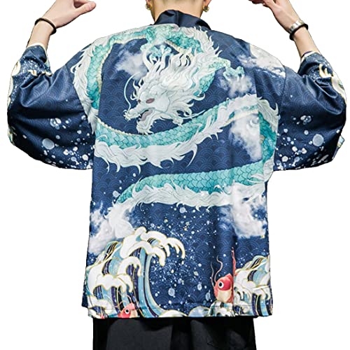 Herren Japanische Haori Jacke Kimono Cardigan 3/4 Ärmel Noragi Casual Happi Mantel, F4-blau, XX-Large von Ambcol