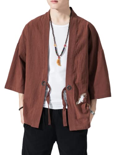 Herren Japanische Kimono Strickjacke Lose Baumwolle Leinen 3/4 Ärmel Open Front Casual Sommer Hemd Jacken, 02 - Braun, XXL von Ambcol