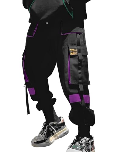Ambcol Streetwear Hip-Hop-Hose, Cargohose, Jogger, lässig, aktiv, Sport, Sweatpants für Männer, Paare, Frauen, Unisex, schwarz / violett, Groß von Ambcol