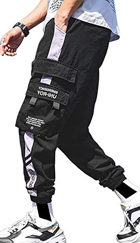 Herren Jogger Hose Punk Cargo Baggy Techwear Streetwear Hip Hop Paar Frauen Unisex Sport Casual Hosen, Schwarz-04, Groß von Ambcol