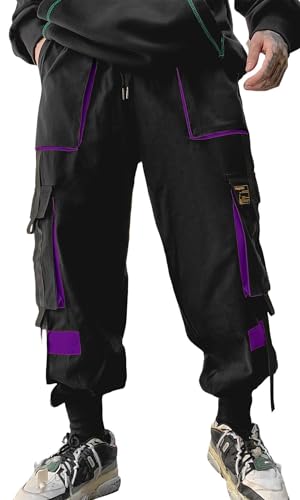 Herren Jogger Punk Cargo Baggy Techwear Hip Hop Harem Streetwear Tactical Track Pants, schwarz / violett, Mittel von Ambcol