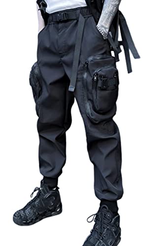 Herren Jogger Punk Cargo Baggy Techwear Hip Hop Haremshose Streetwear Taktische Overalls, N19 Black, Groß von Ambcol