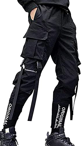 Herren Jogginghose Punk Cargo Baggy Techwear Hip Hop Harem Streetwear Taktische Trainingshose, Schwarz-14, Groß von Ambcol