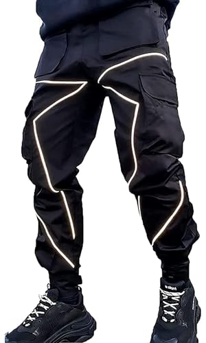 Herren Jogginghose Punk Cargo Baggy Techwear Hip Hop Harem Streetwear Taktische Trainingshose, Schwarz 31, Groß von Ambcol