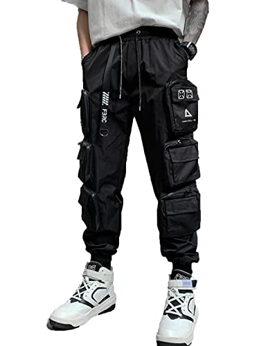 Herren Jogger Punk Cargo Baggy Techwear Hip Hop Harem Streetwear Tactical Track Pants, Schwarz-42, Groß von Ambcol