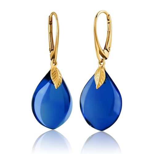 Amber by Mazukna - Blaue Bernstein Tropfen Ohrringe, Dunkelblau, Hängend Edelstein Schmuck für Frauen, mit Vergoldetem Silber-Ag925-Verschluss von Amber by Mazukna