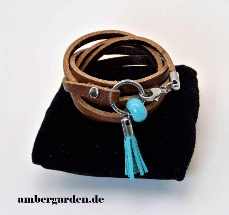 Wickelarmband Mit Tassel Und Türkisrondell, Echt Leder 5-Fach Gewickelt. Handmade von AmbergardenDE