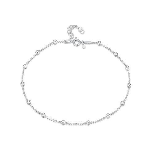 Amberta 925 Sterlingsilber Fußspange – 3,2 mm Kugelkette mit größeren Kugel Fußkettchen Armband – 22 bis 25,5 cm – Flexibel Verstellbar von Amberta