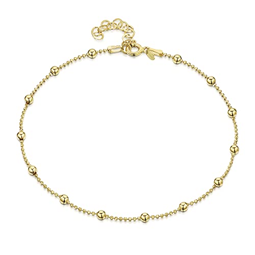 Amberta 925 Sterlingsilber Vergoldet 18K Fußspange – 3,2 mm Kugelkette mit größeren Kugel Fußkettchen Armband – 22 bis 25,5 cm – Flexibel Verstellbar von Amberta