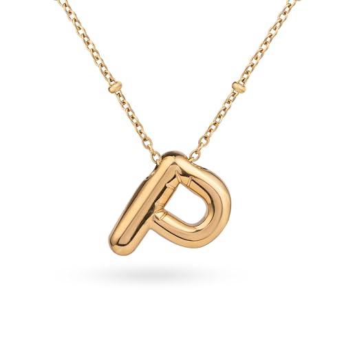 Amberta Buchstaben Kette Gold Initialen für Frauen Teenager Geschenke | 18K Vergoldet Buchstaben Anhänger Blasen: Initialen Kette P von Amberta