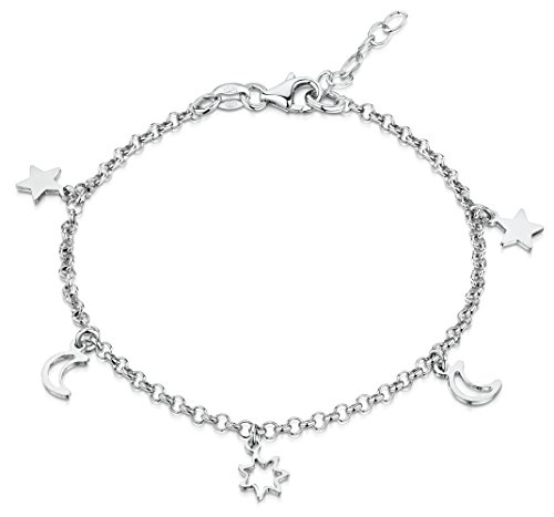 Amberta Damen Fußkettchen mit Anhängern aus 925 Sterling Silber: Monde und Sterne - 22 + 4 cm von Amberta