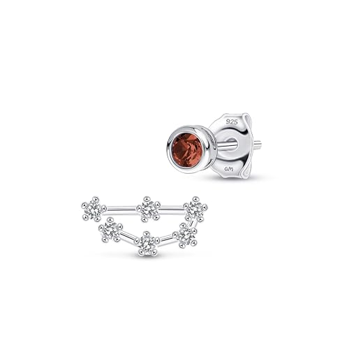 Amberta Damen Sternzeichen Ohrringe Asymmetrische Ohrstecker Silber 925 | Sterling Silber Ohrringe Damen | Sternzeichen Ohrringe Silber | Asymmetrische Ohrringe Damen: Januar Roter Granat Ohrstecker von Amberta
