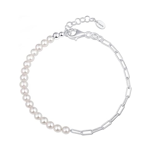 Amberta Italienische Damen Armband Perle 925 Sterling Silber | Armband Damen Silber mit Kunstperlen, Stapelbares Armband Hochzeitsarmband Braut Geschenk Verstellbares: Stapelbares Armband von Amberta