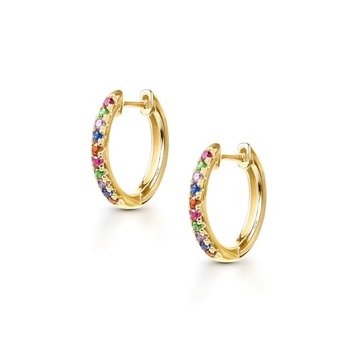 Amberta Lumini Damen 925 Sterling Gold Regenbogen Ohrringe: Gold Bunt Creolen Ohrringe 15 mm von Amberta