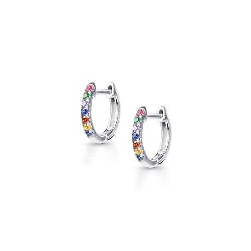 Amberta Lumini Damen 925 Sterling Silber Regenbogen Ohrringe: Silberne Mehrfarben Creolen Ohrringe 10 mm von Amberta