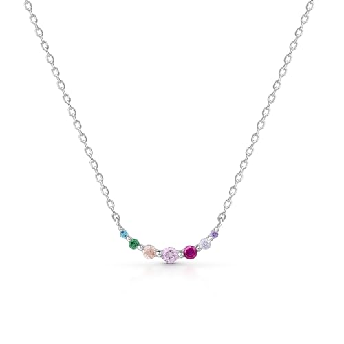 Amberta Lumini Damen Regenbogen Halskette aus 925 Sterling Silber mit Mehrfarbig Kristall: Silberne Gebogene Stab Kette mit Bunten Kristallen von Amberta