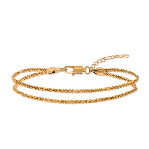 Amberta SIlber Gold Fußkettchen für Damen | Fußkette Boho für Damen | Sommer Schmuck Fußkette, Fußkette Verstellbar Perlen Herz Kordel: 3 mm Doppel Popcornkette Gold von Amberta