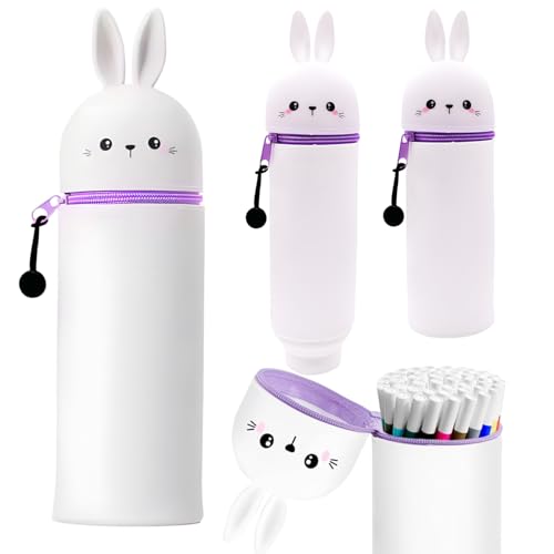 Ambolio Silikon Federmäppchen,2-in-1 Schulmäppchen aus weichem, Stand up Federmäppchen,2-in-1 Silikon Federmäppchen,Tier Stifthalter,Cartoon,Kawaii (Kaninchen) von Ambolio