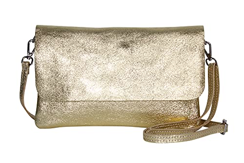 AmbraModa GLX11 - Damen Umhängetasche, Clutch, Handytasche aus echtem Leder mit abnehmbarem und verstellbarem Schultergurt, geeignet für Handys und Tablets bis zu 7 Zoll (Gold Metallic) von AMBRA Moda