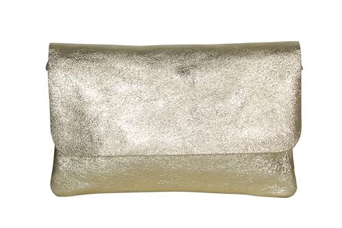 AmbraModa GLX11 - Damen Umhängetasche, Clutch, Handytasche aus echtem Leder mit abnehmbarem und verstellbarem Schultergurt, geeignet für Handys und Tablets bis zu 7 Zoll (Light Gold) von AmbraModa