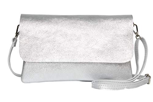 AMBRA Moda GLX11 - Damen Umhängetasche, Clutch, Handytasche aus echtem Leder mit abnehmbarem und verstellbarem Schultergurt, geeignet für Handys und Tablets bis zu 7 Zoll (Silber) von AMBRA Moda