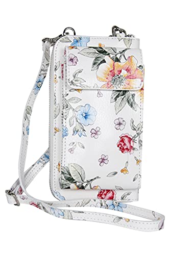 AmbraModa GLX21 - multifunktionale Damen Handytasche, Umhängetasche, Geldbörse aus echtem Leder, geeignet für Handys bis 6,5 Zoll (Weiß + Blumen) von AMBRA Moda