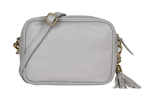 AMBRA Moda GLX8 - Damen Handtasche Umhängetasche Schultertasche Handytasche aus genarbtem Rindsleder (Hellgrau) von AMBRA Moda