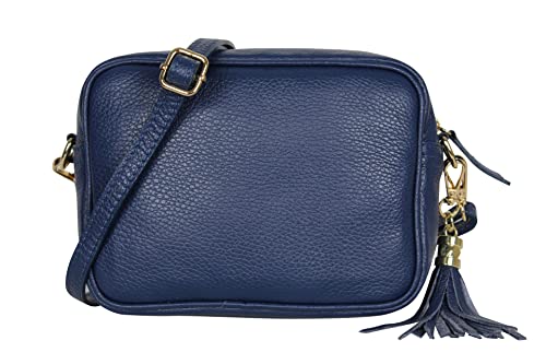AmbraModa GLX8 - Damen Handtasche Umhängetasche Schultertasche Handytasche aus genarbtem Rindsleder (Jeansblau) von AMBRA Moda