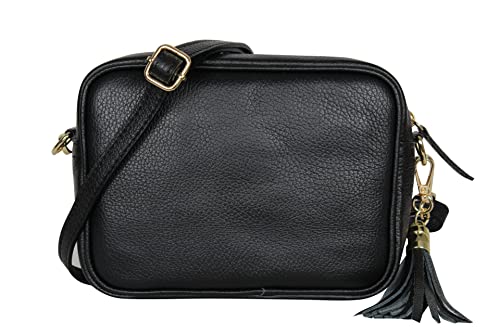 AmbraModa GLX8 - Damen Handtasche Umhängetasche Schultertasche Handytasche aus genarbtem Rindsleder (Schwarz) von AMBRA Moda