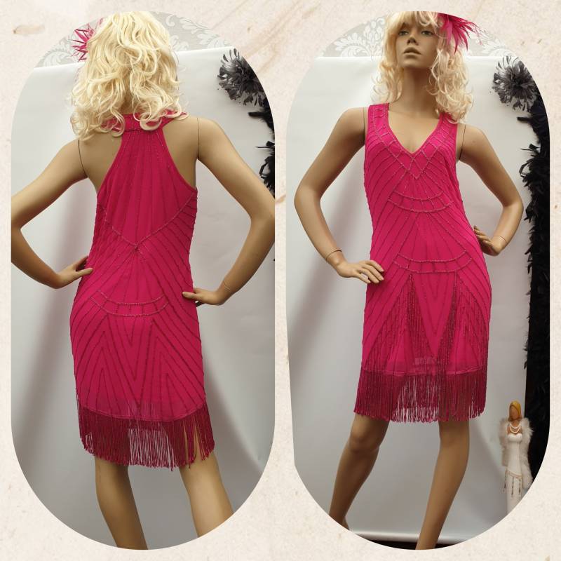 Fuchsia Kleid Flapper Perlen Fransen Gatsby Downton Abtei Verschönertes Quaste Charleston Größe 36 von AmbraTreasure
