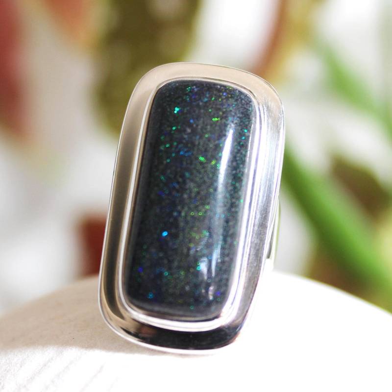 Schwarz Matrix Opal Stein Cab Rechteckige Form Auf Sterling Silber 925 Solid Unisex Echtem Solide Lünette Gesetzt von Ambrijoux
